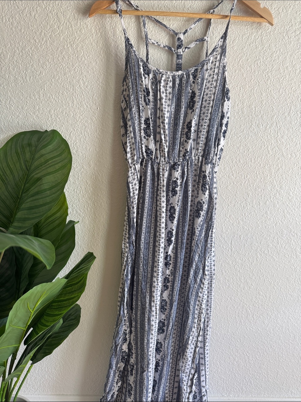 J for Justify Blue & White Striped Floral Maxi Dress with Slit on Left Side